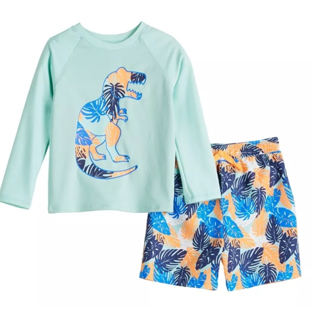 Jumping Beans 3T Toddler Boys Swim Set Long Sleeve Shirt Trunks Tropical T-Rex